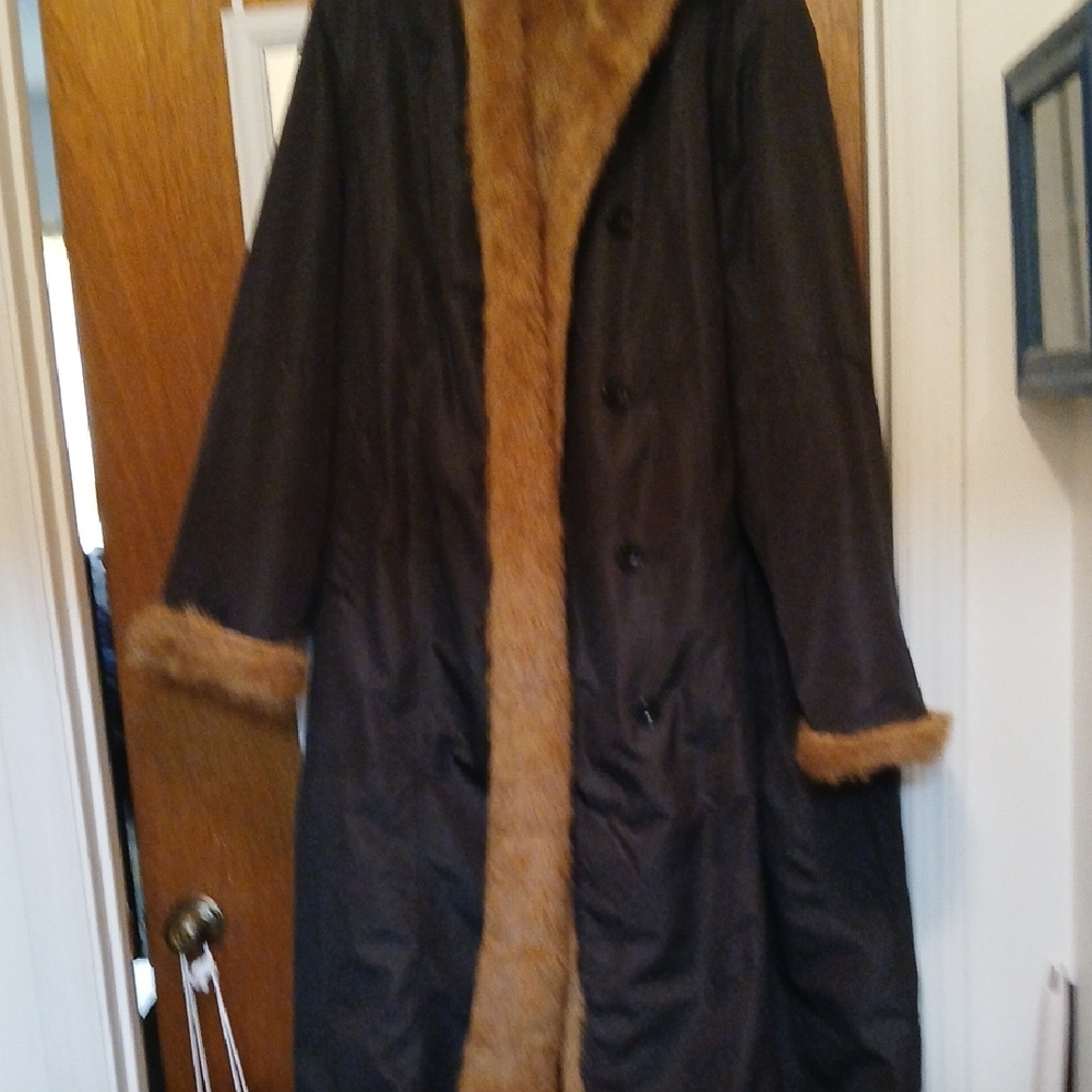 Women's Black and Brown Fur-Lined Coat